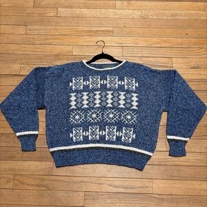 VTG Liz Wear Wool Blend Blue & Cream Aztec Geometric Chunky Grandpa Sweater M